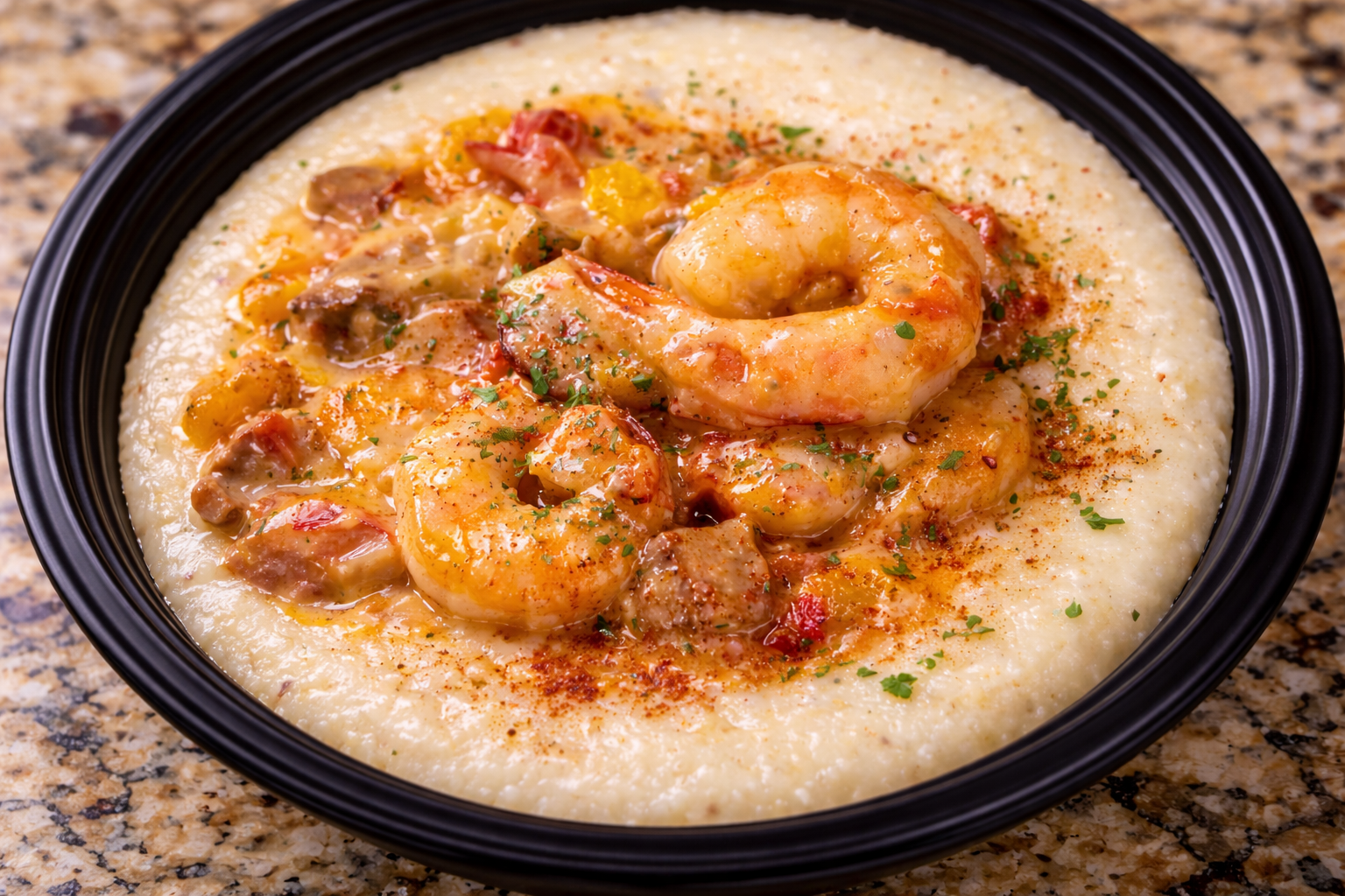 Shrimp and grits in black bowl; creamy white grits topped with shrimp, sausage, and vegetables.