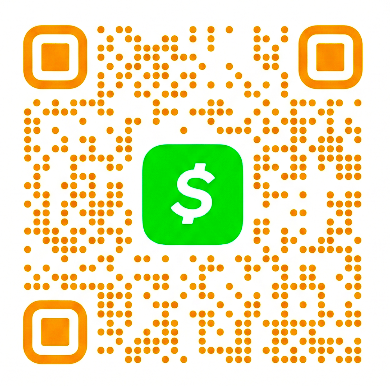 Cash App QR code with green and white logo, surrounded by brown squares and dots.
