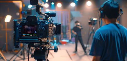 A man is standing in front of a camera in a studio.