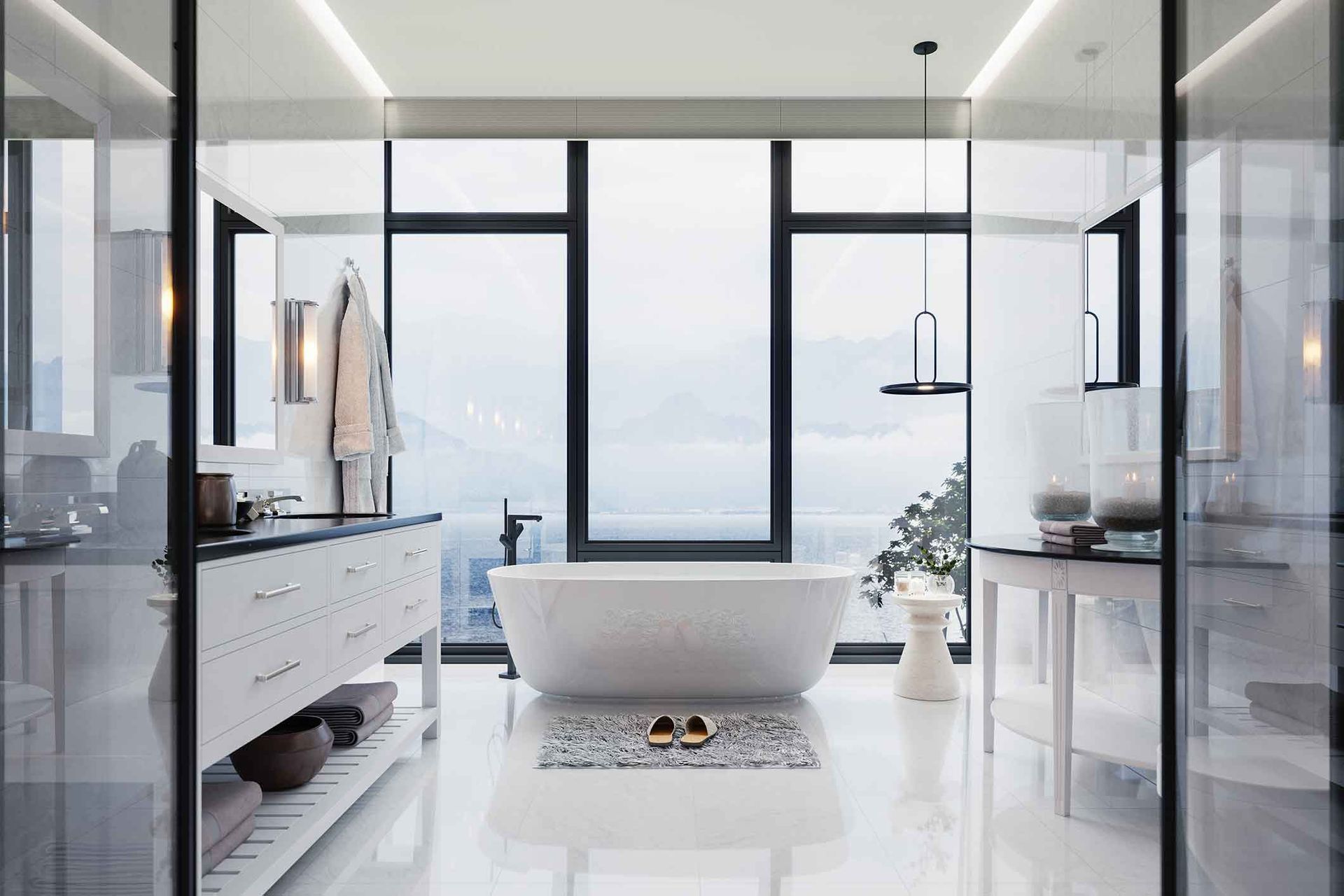 Interior of a contemporary luxury white bathroom with washstand and bathtub – California - Laguna Hills Construction, Inc.