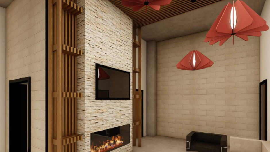 Living room with stone fireplace, wooden accents, TV, black armchair, and red paper lanterns.