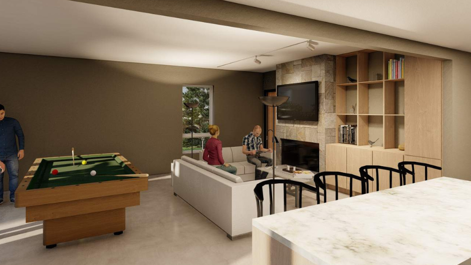 A modern rec room featuring a pool table, sofa, fireplace, and built-in shelving unit. People are seen interacting in the space.