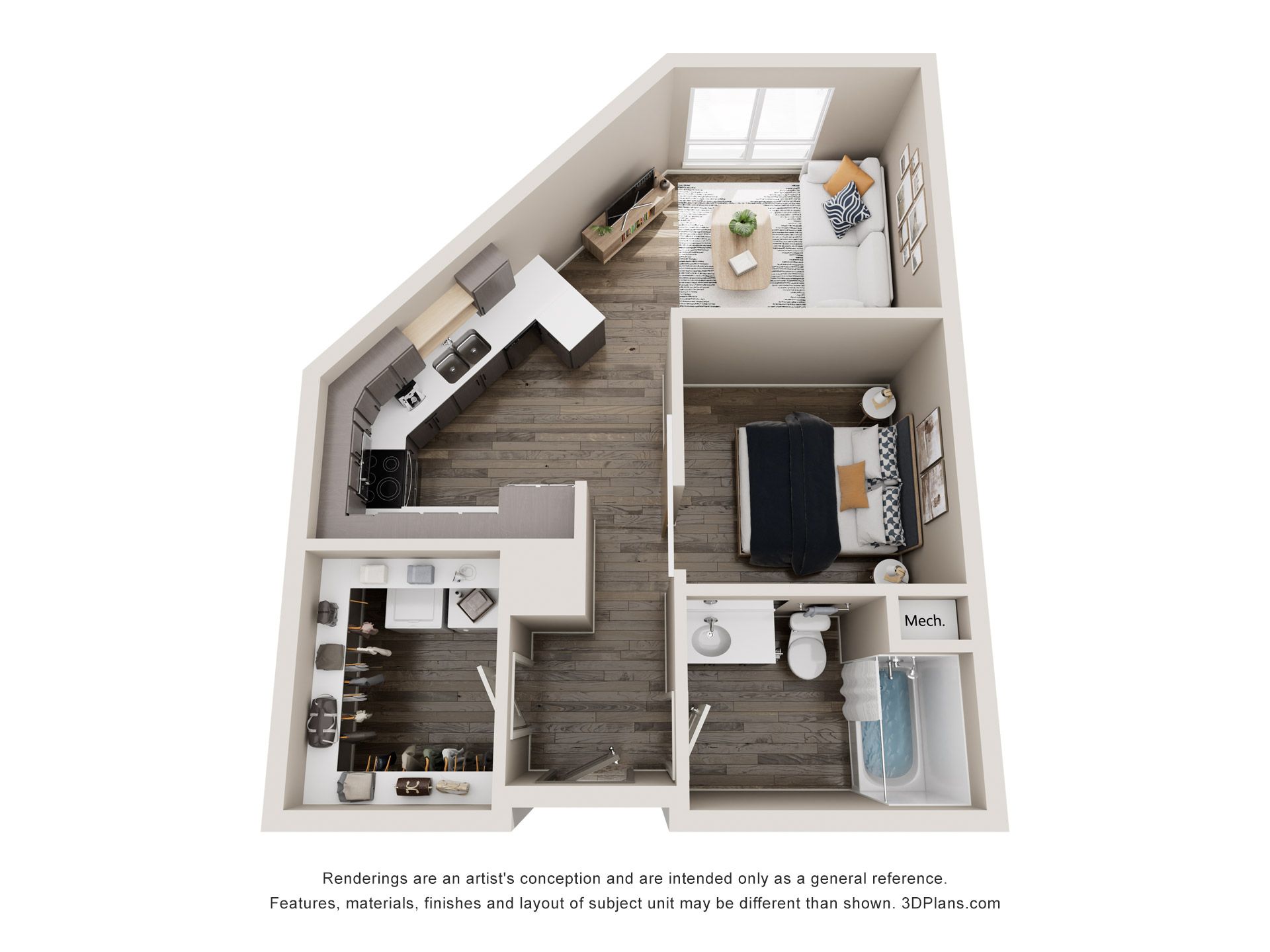 Floor plan of a small apartment with a bedroom, bathroom, living area, and kitchen. Dark wood-look floors, white walls, and neutral-colored furniture.