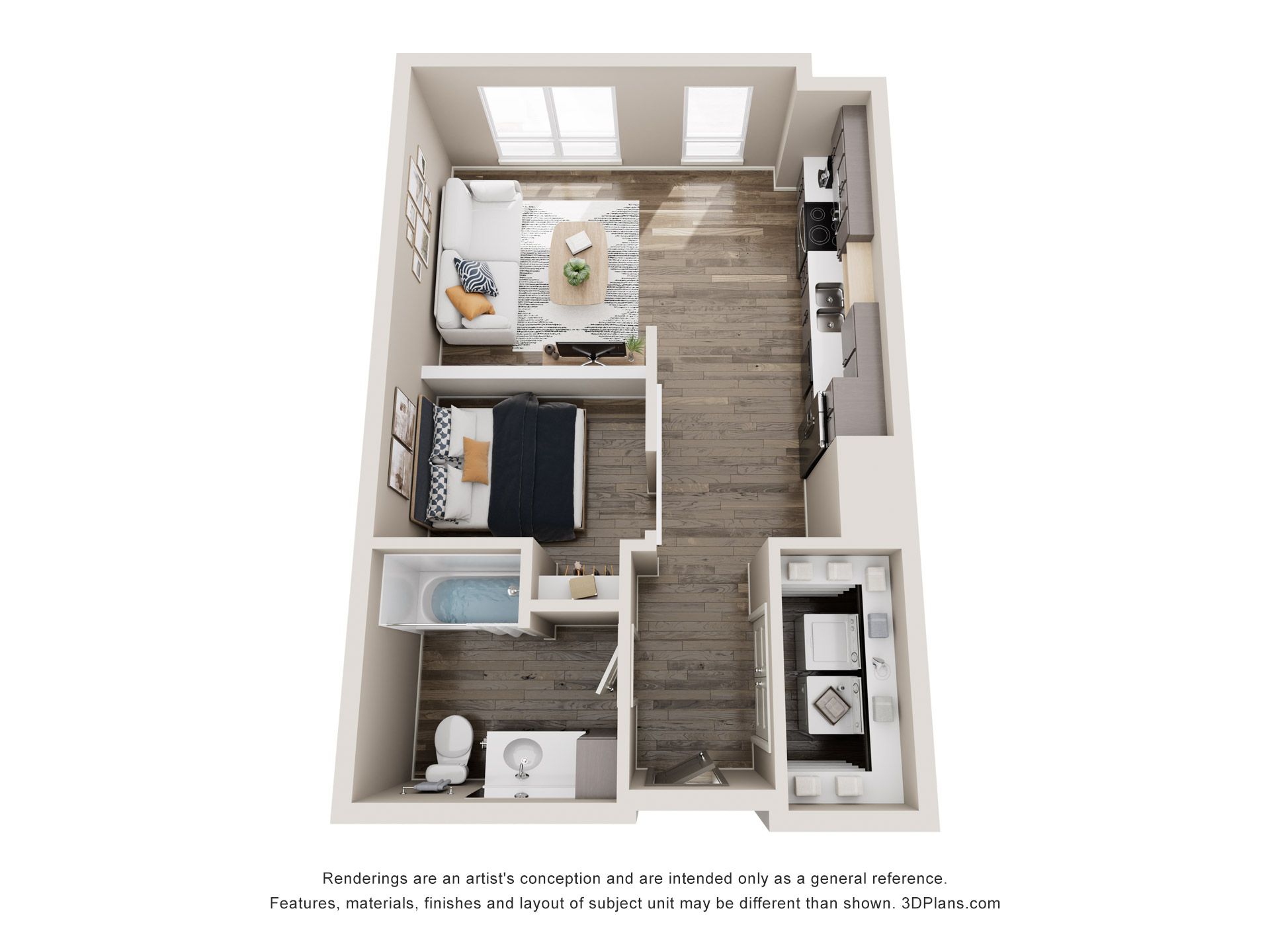 Floor plan of a small apartment. It features a living area, a bedroom, a kitchen, and a bathroom.