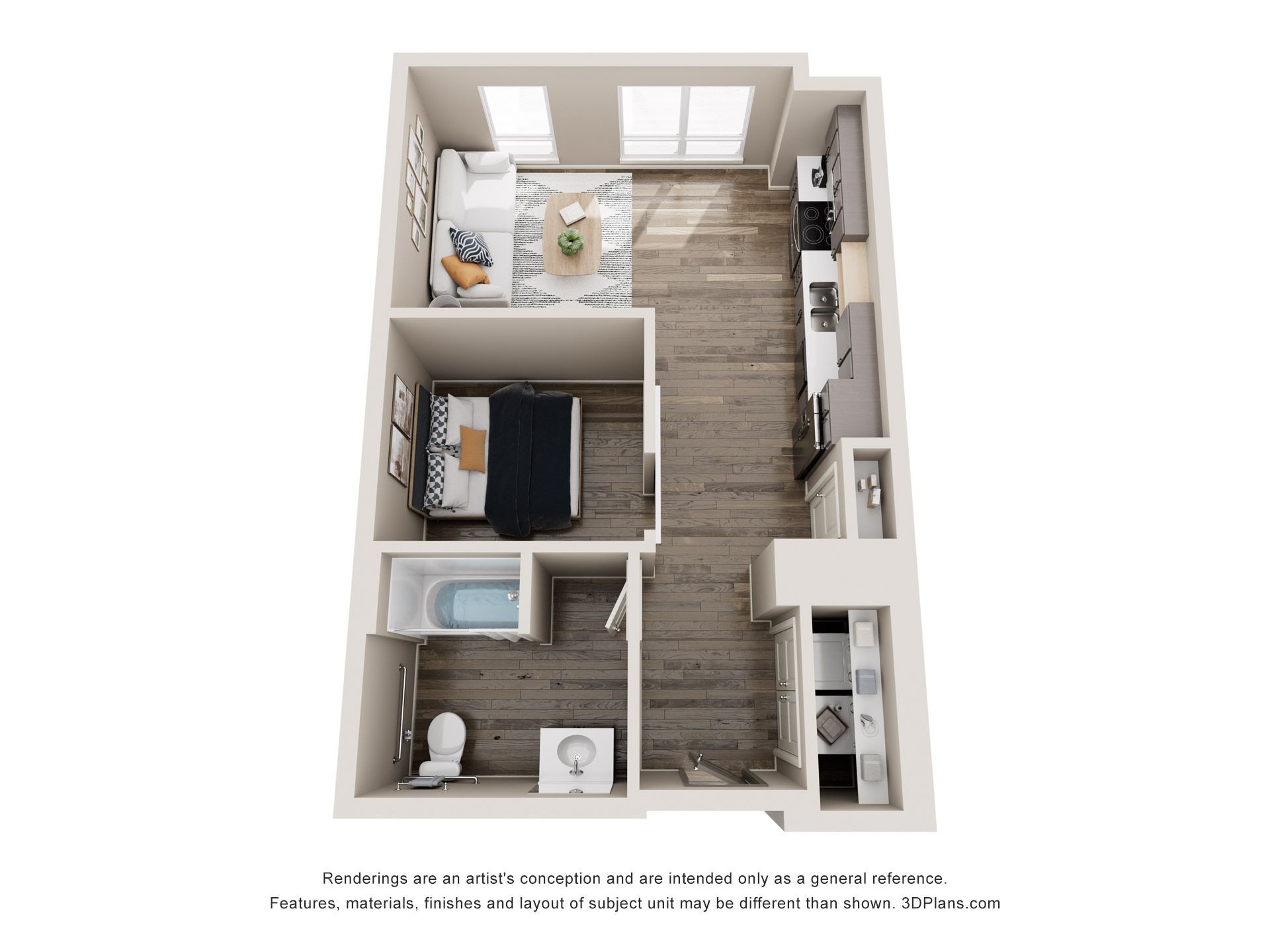 Floor plan of a studio apartment with living area, kitchen, bedroom, and bathroom in neutral tones.
