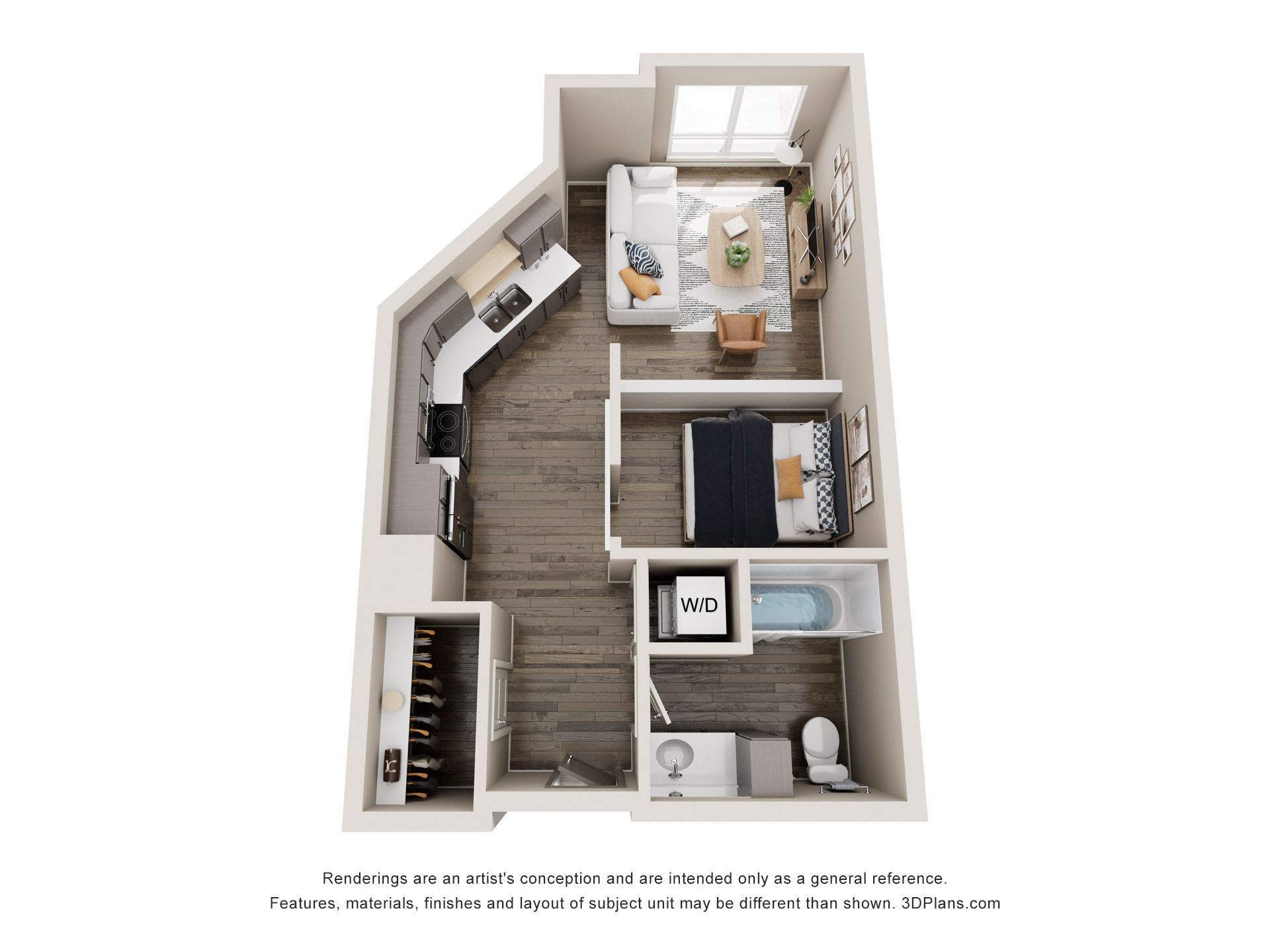 Floor plan of a studio apartment. It includes a kitchen, living area, bedroom, and bathroom, with furniture depicted.