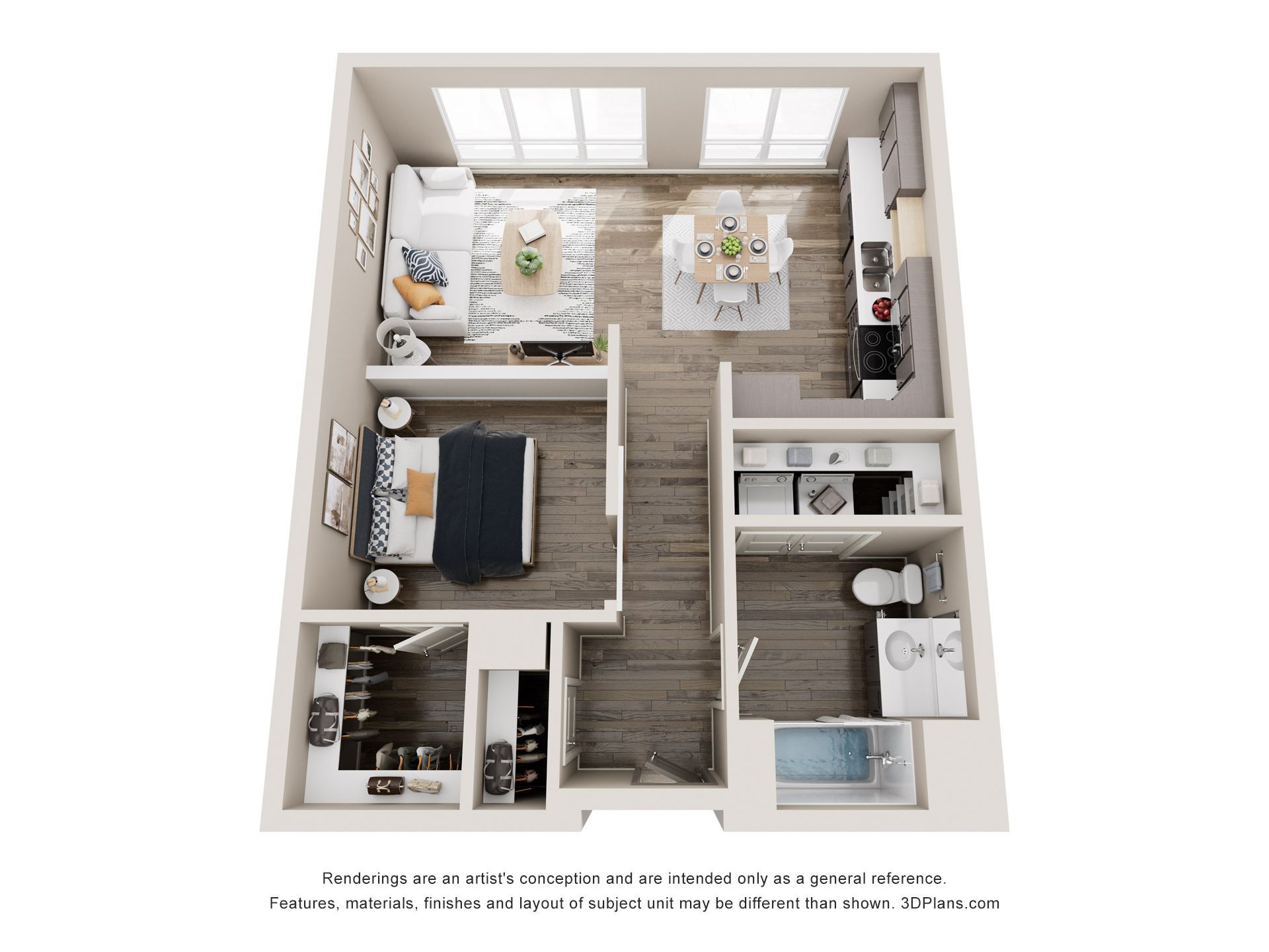 Top-down view of a furnished apartment floor plan. Features include a living area, dining space, kitchen, bedroom, bathroom, and walk-in closet.
