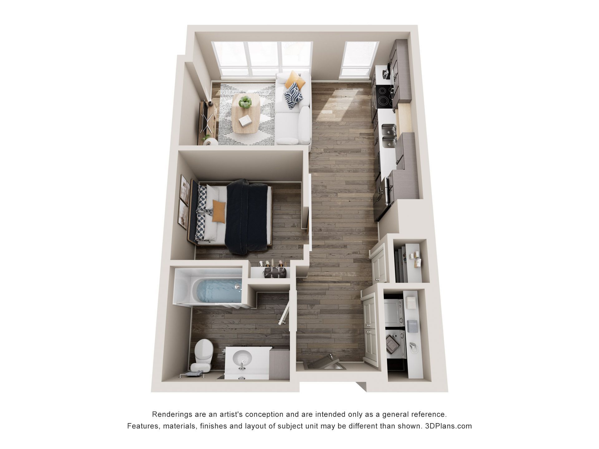 Floor plan of a studio apartment with living, sleeping, and kitchen areas. It features a bathroom, laundry, and large windows.