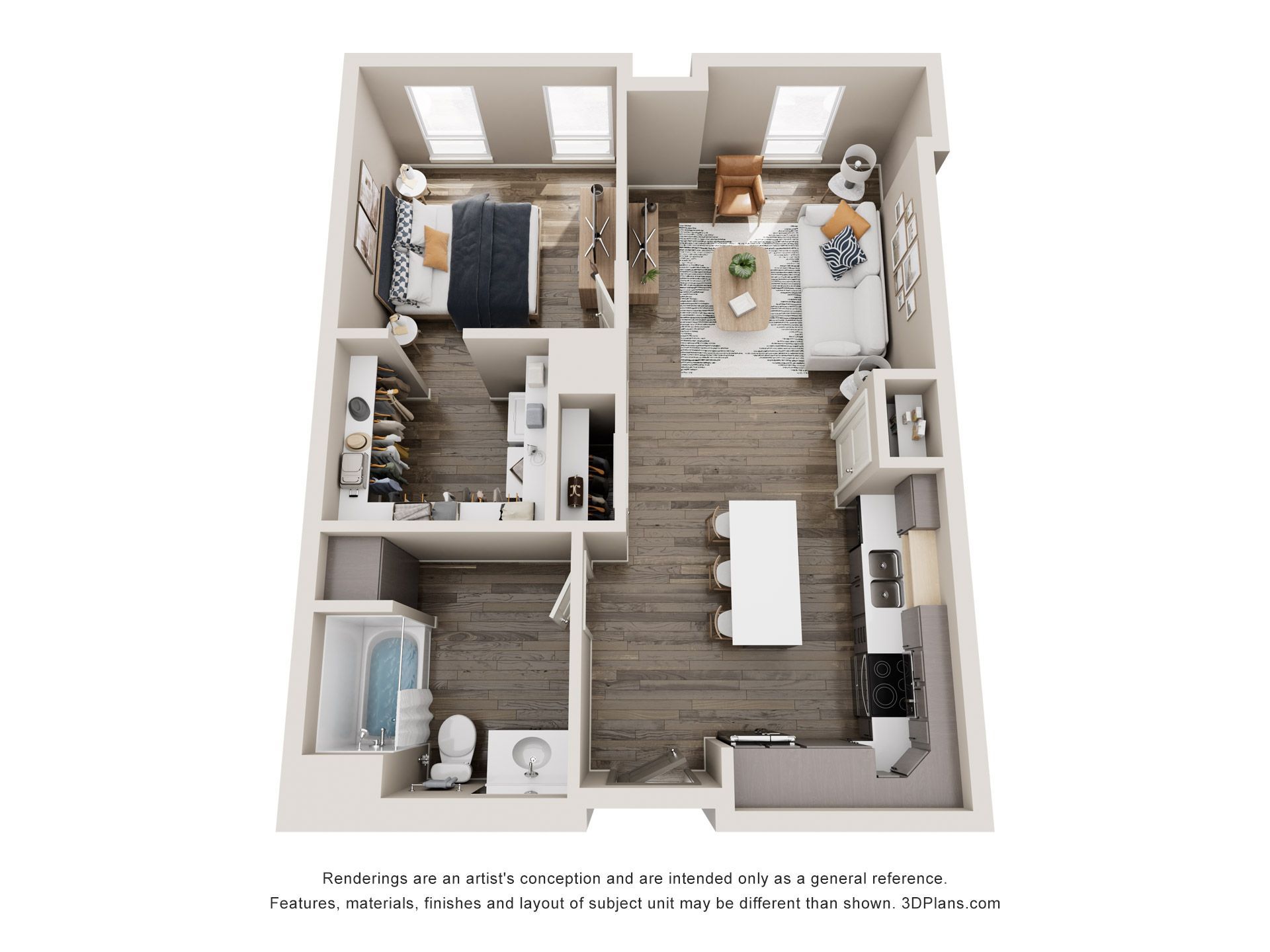 Floor plan of a one-bedroom apartment with a bedroom, living area, kitchen, and bathroom. The interior features wooden floors and light-colored walls.
