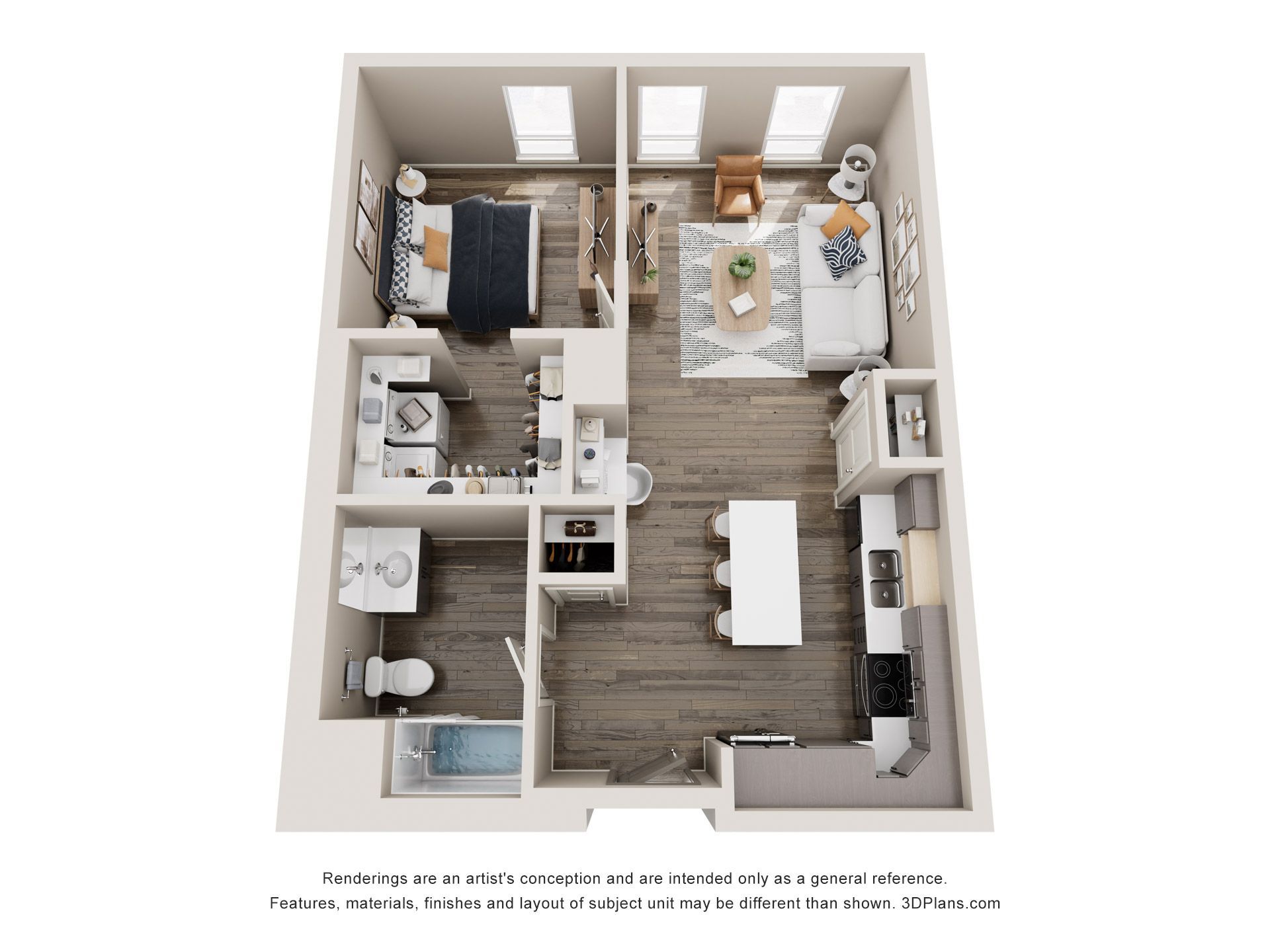Floor plan of a two-bedroom apartment with a kitchen, living room, and two bathrooms.