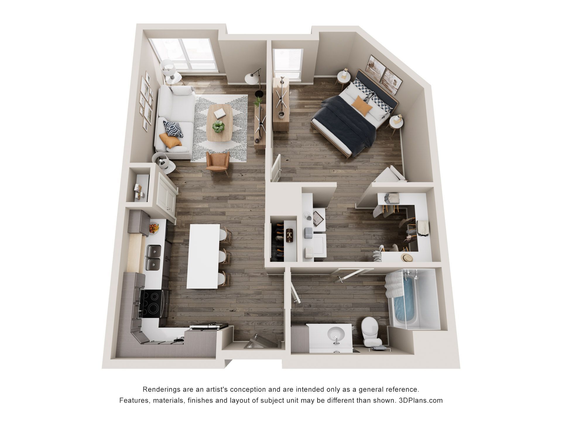 Floor plan of an apartment with a living area, kitchen, bedroom, and bathroom, furnished with neutral tones.