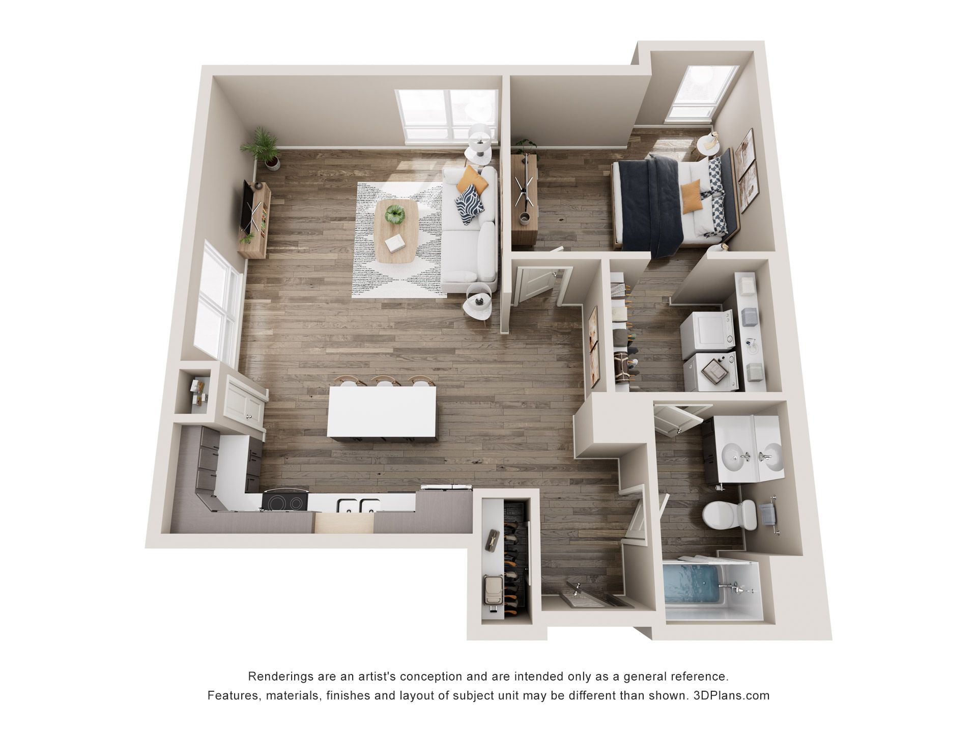 Floor plan of a one-bedroom apartment with kitchen, living room, bedroom, and bathroom. White walls, wood floors, and furnished with modern decor.