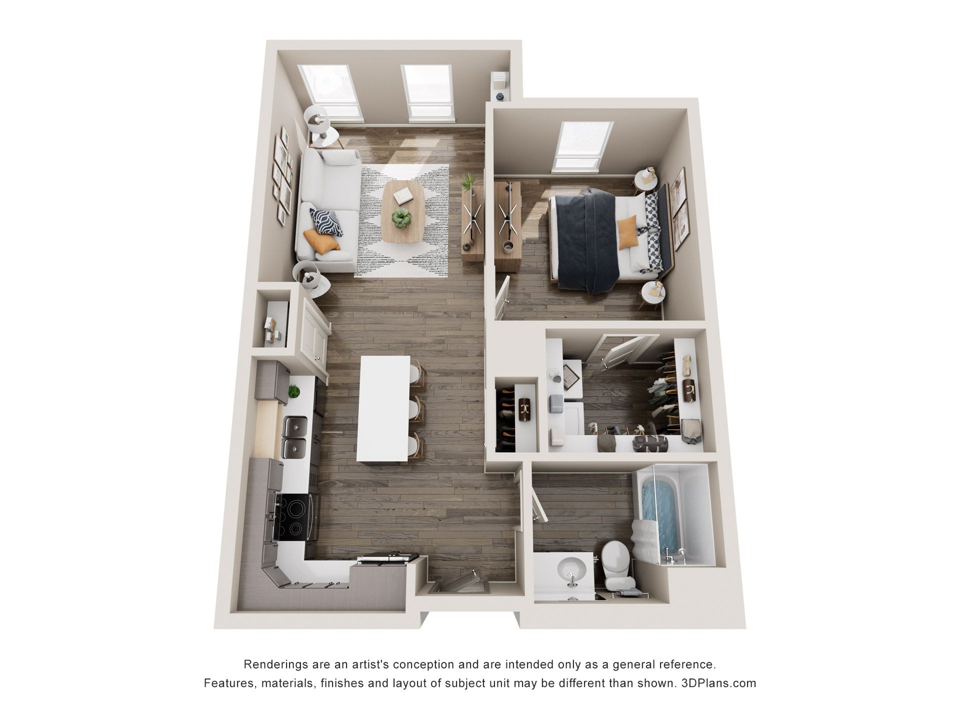 Top-down floor plan of a modern apartment with a living room, kitchen, bedroom, and bathroom. Dark wood floors and neutral-toned furniture.