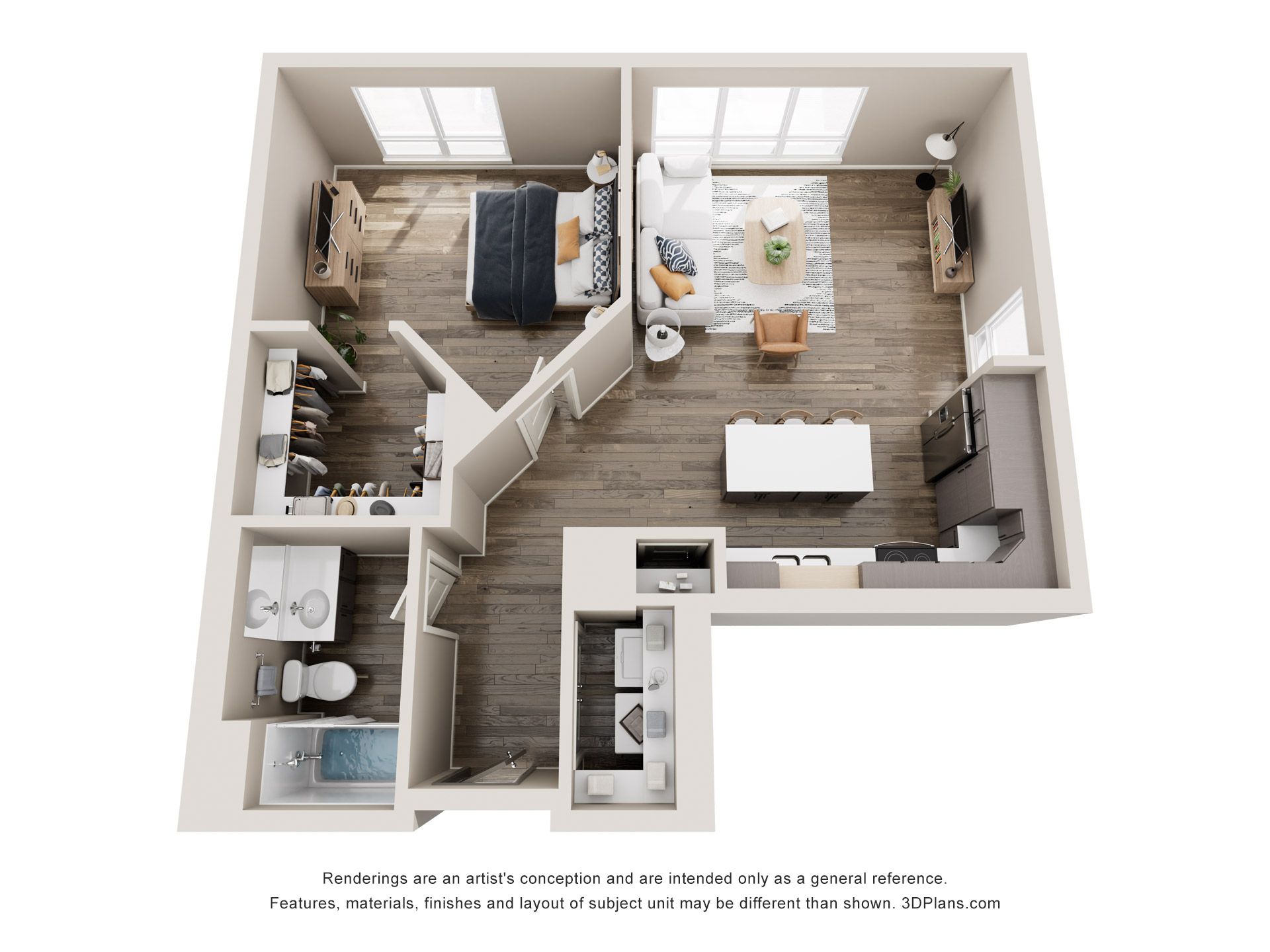 Top-down view of a furnished apartment floor plan with a bedroom, living room, kitchen, and bathroom. The layout is tan-colored, and decorated in neutral tones.