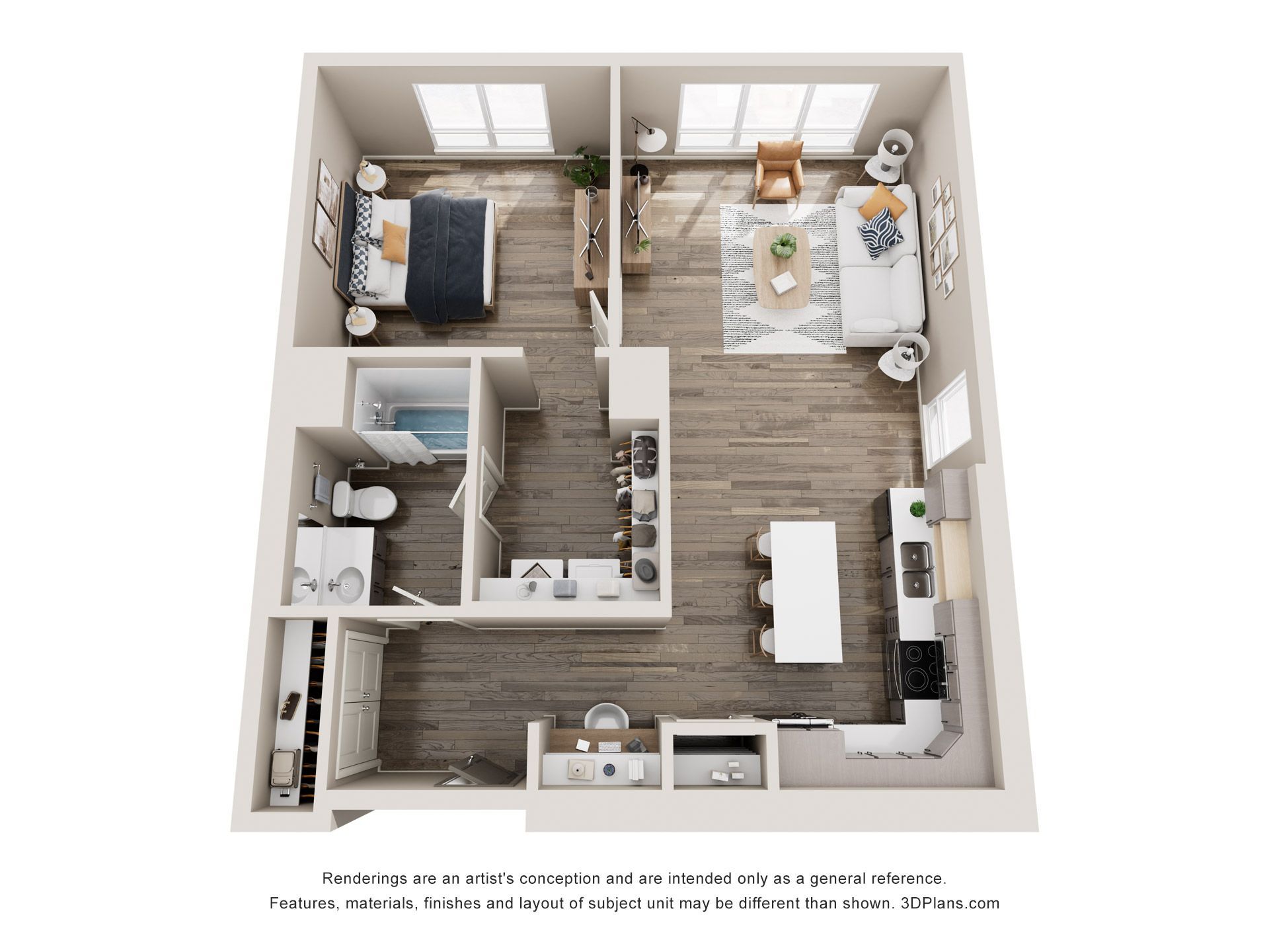 Floor plan of a one-bedroom apartment with kitchen, living room, bathroom, and bedroom, furnished in neutral tones.