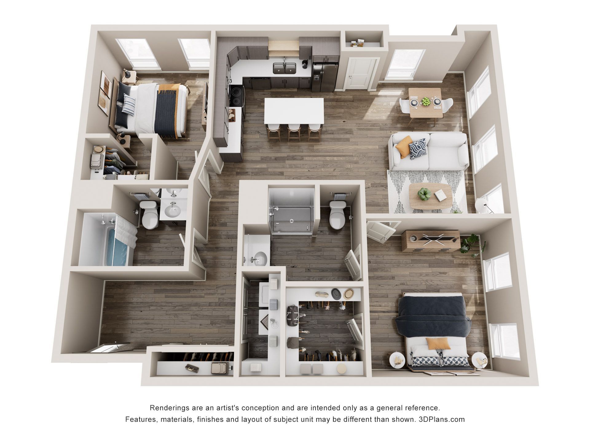 Floor plan of a two-bedroom apartment with a kitchen, living area, and bathrooms. The layout is light-colored with furniture included.