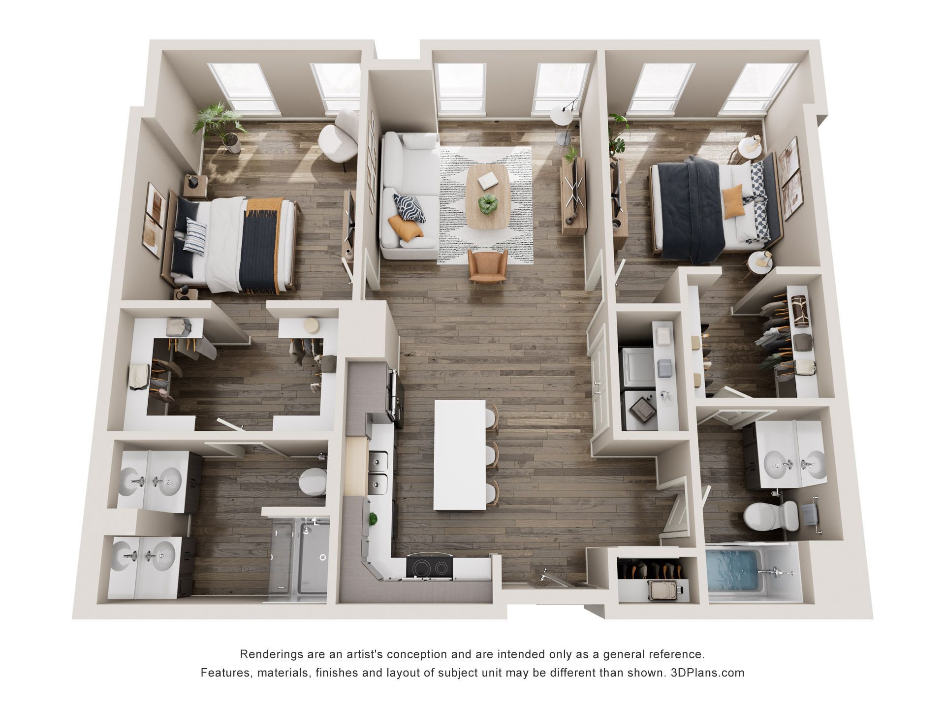 Top-down view of a two-bedroom apartment floor plan. Features bedrooms, bathrooms, living room, kitchen with island, and closets.