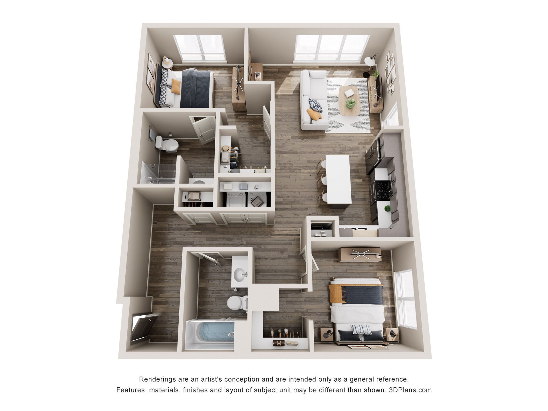 Floor plan rendering of a two-bedroom apartment with living room, kitchen, and two bathrooms, decorated with furniture.
