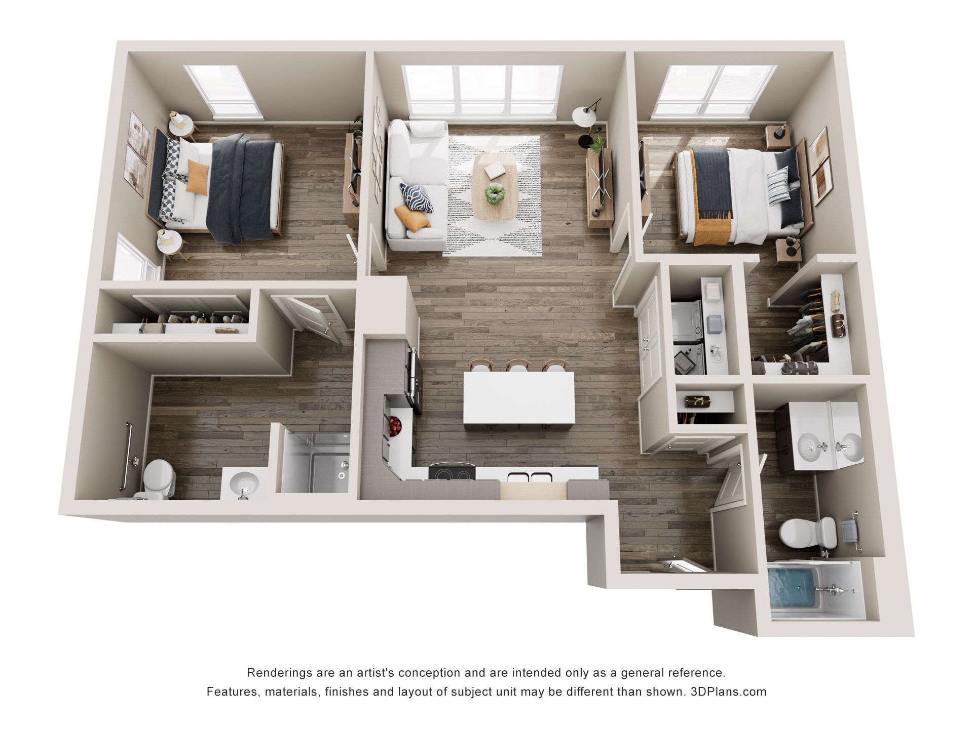 Top-down view of a two-bedroom apartment floor plan with a living room, kitchen, and two bathrooms. Furnished with neutral tones.