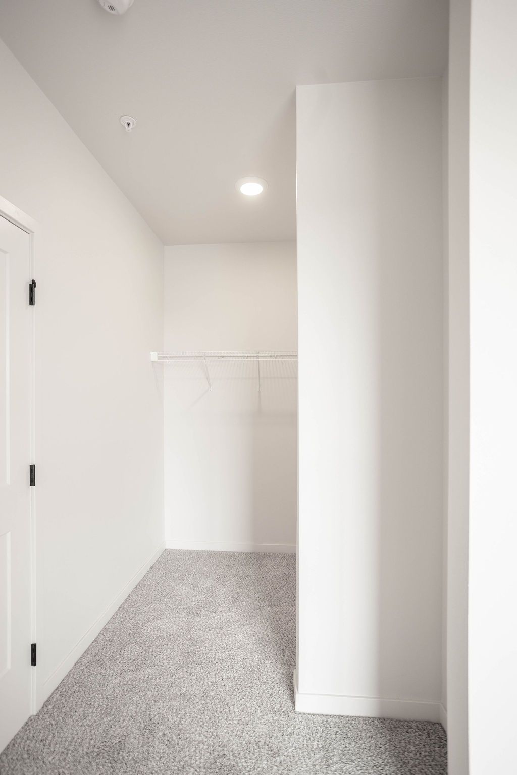 Narrow hallway with gray carpet and white walls. A built-in closet and a large white pillar are visible.