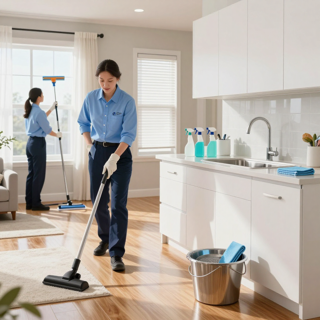 Cleaner mopping a bright kitchen while another cleans windows in the background.
