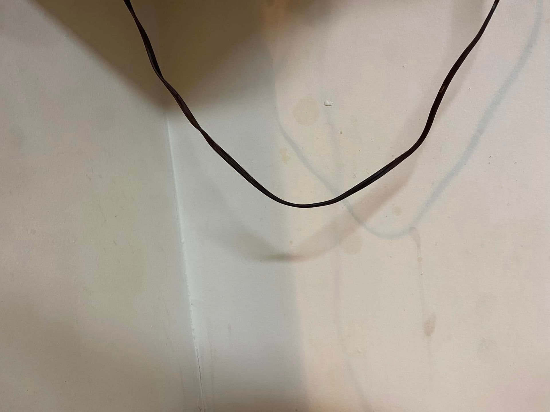 Black cord hanging in a U-shape against a light wall indoors