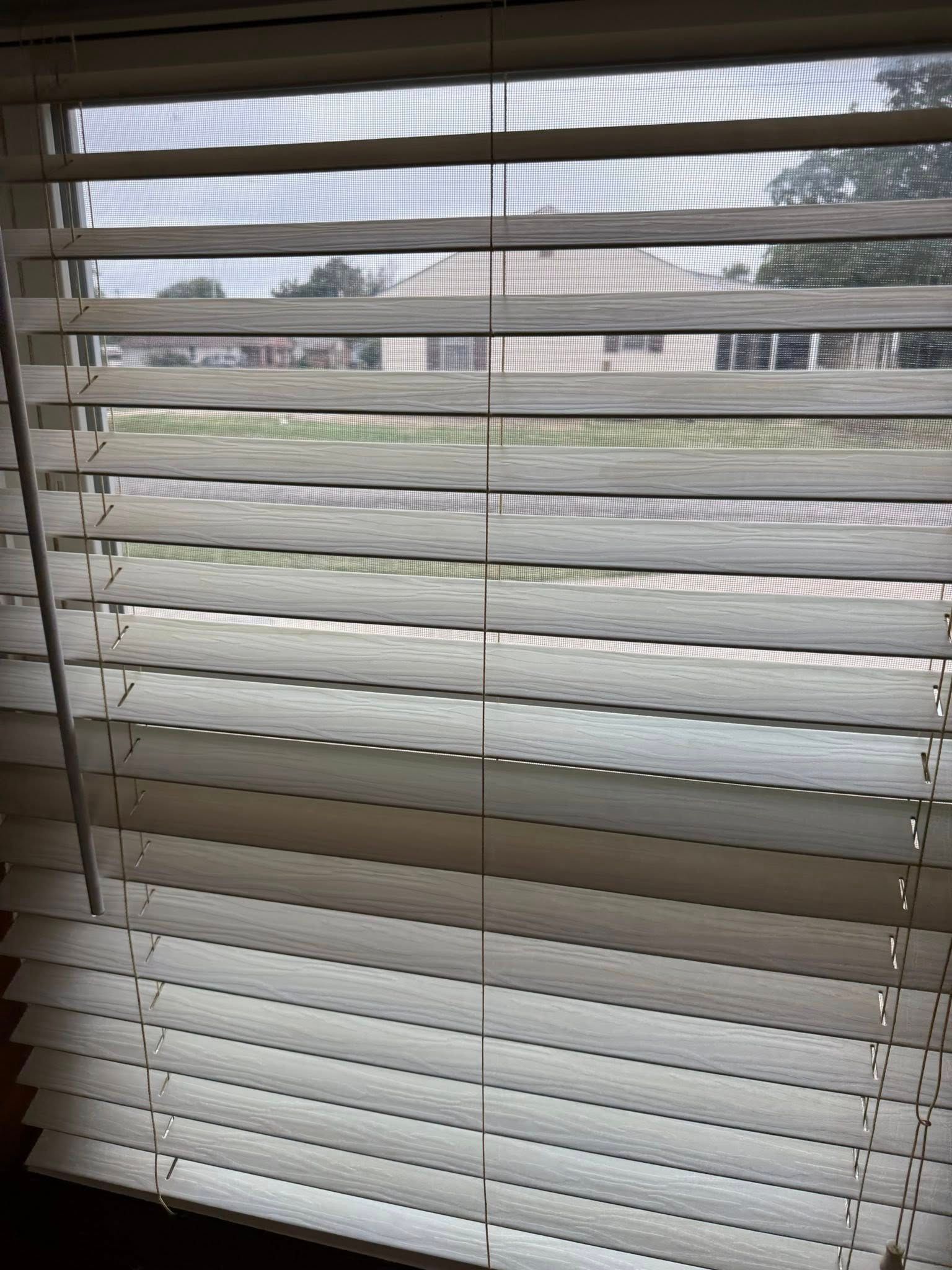 Closed white window blinds with a view of houses and trees outside