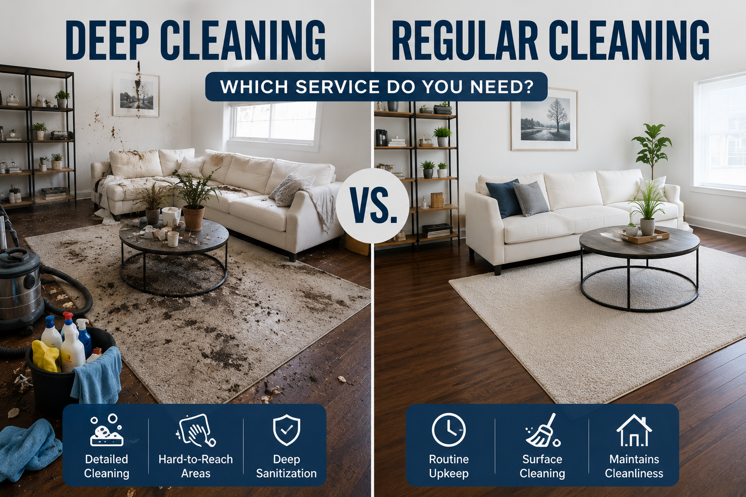 Deep cleaning vs regular cleaning of a living room, with dirty and clean sofa and floor comparison