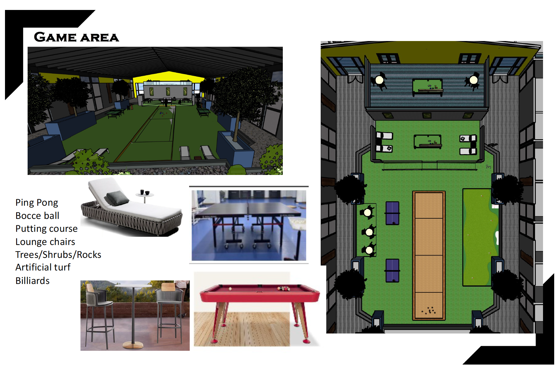 Floor plan and renderings of the game area