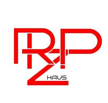 A red and white logo for rp haus