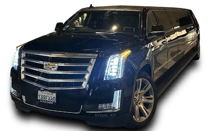 A black cadillac escalade limousine on a white background.