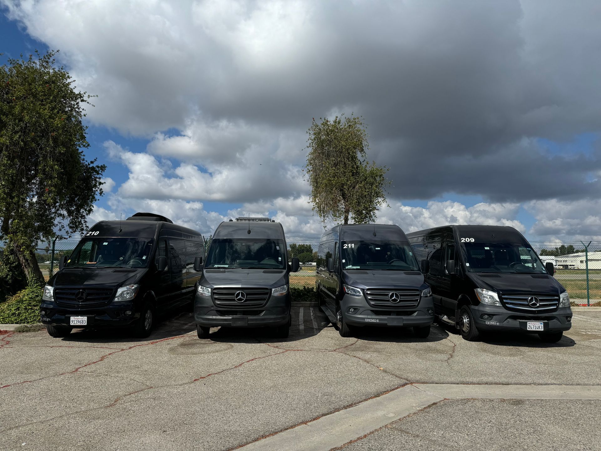 A row of vans are parked in a parking lot.