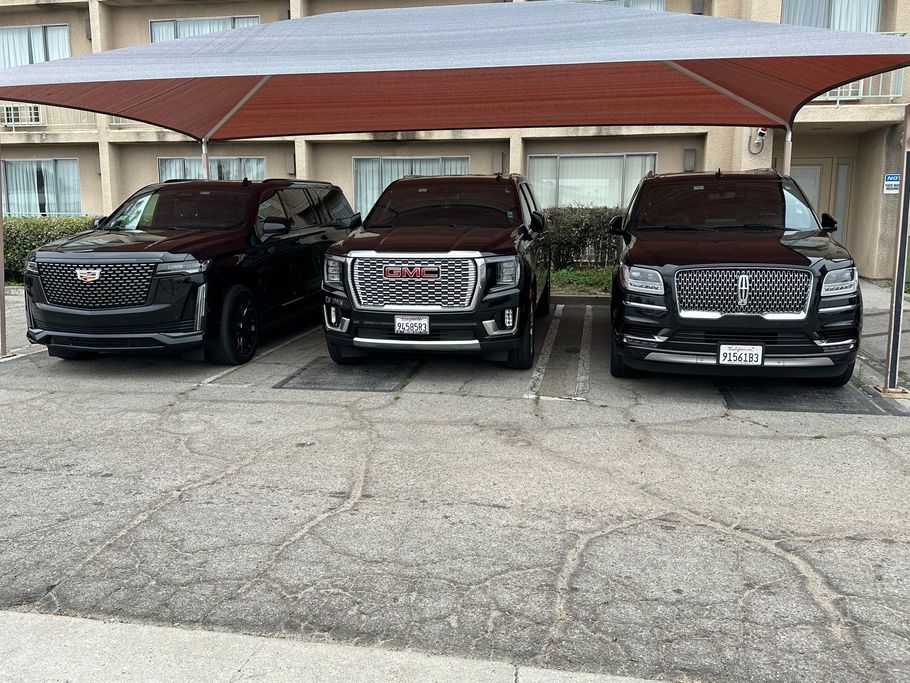 Three black cars are parked under an umbrella in a parking lot.