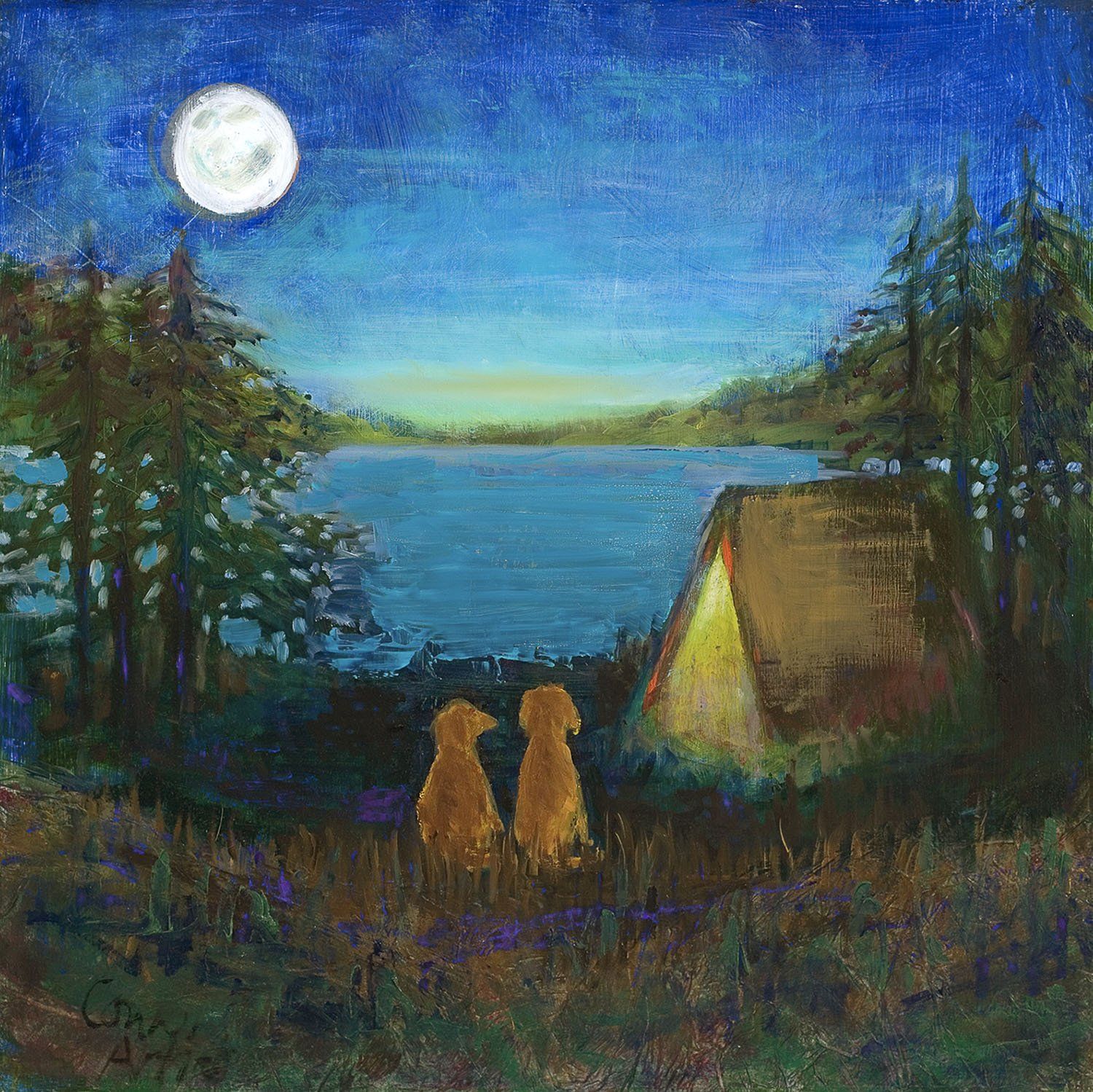 Two Dogs Camping painting by Constance Hipwell of The Conn-Artist Studio & Gallery
