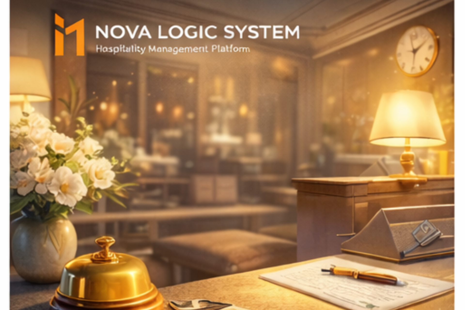 Hotel lobby with desk, bell, flowers, and clock; Nova Logic System logo.