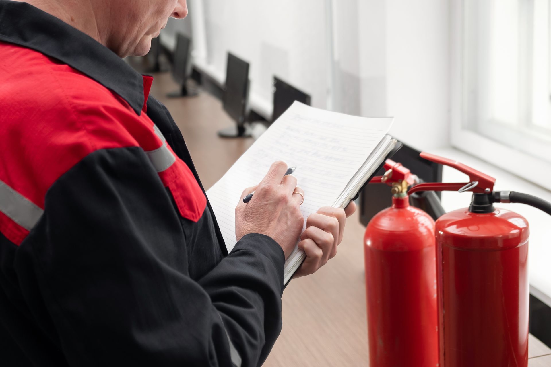 Person in red and black uniform inspecting a fire extinguisher, writing on a clipboard.
