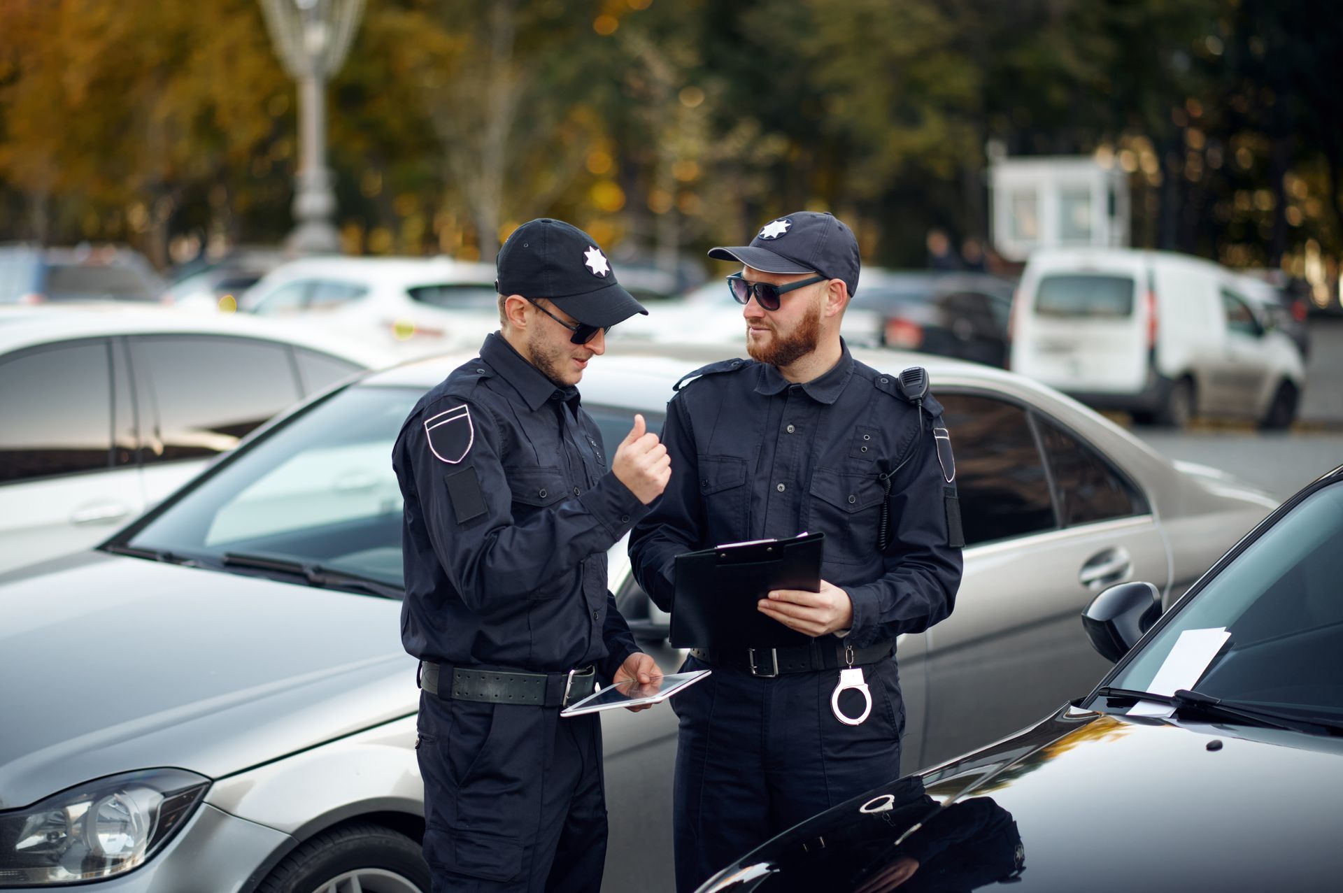 Two uniformed officers in a parking lot, one pointing, discussing paperwork.
