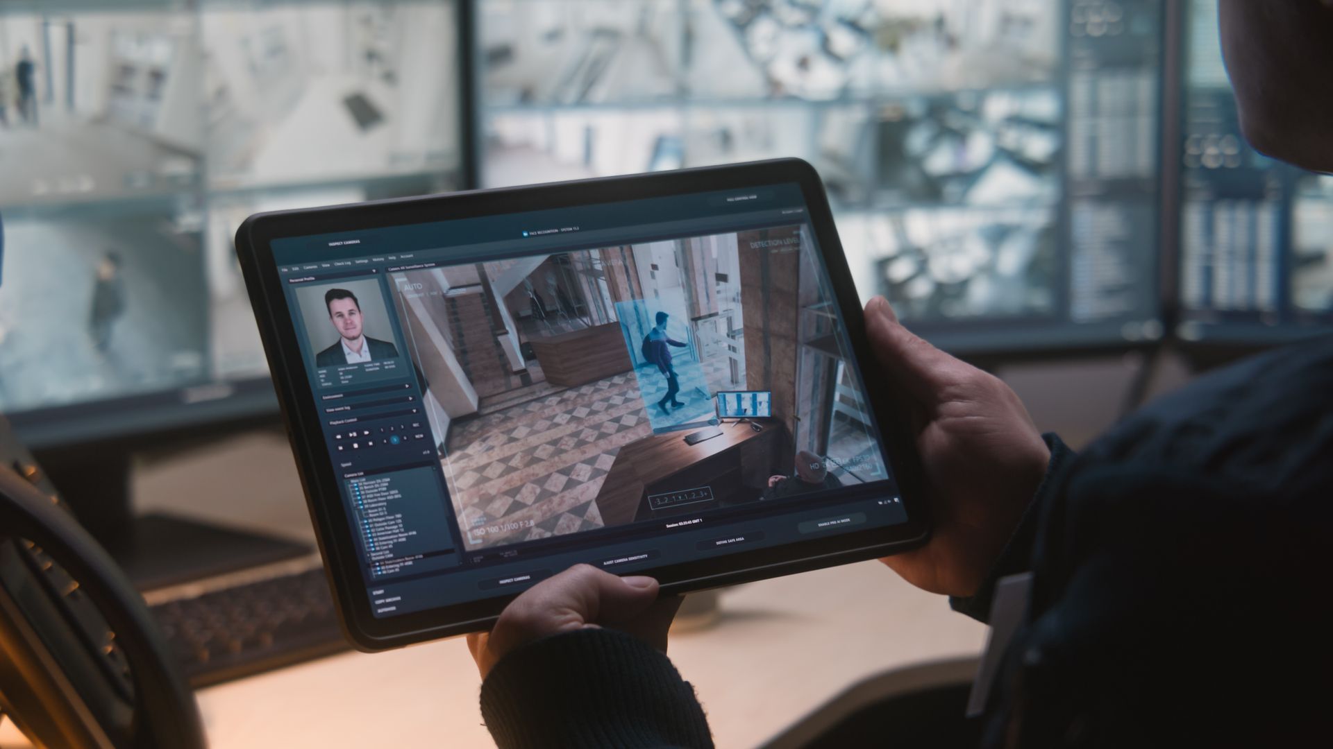 Person holding tablet, viewing security footage of two people in a room, with multiple monitors in the background.