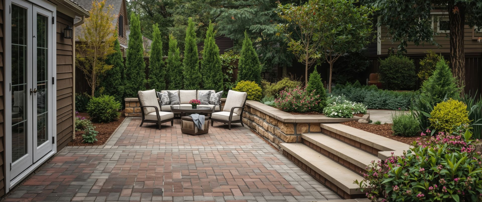 Outdoor patio with brick pavers, seating area, stone steps, and lush greenery.