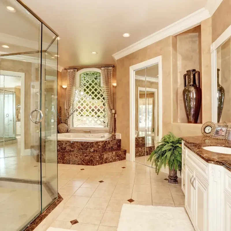 A bathroom with a bathtub and a sink.