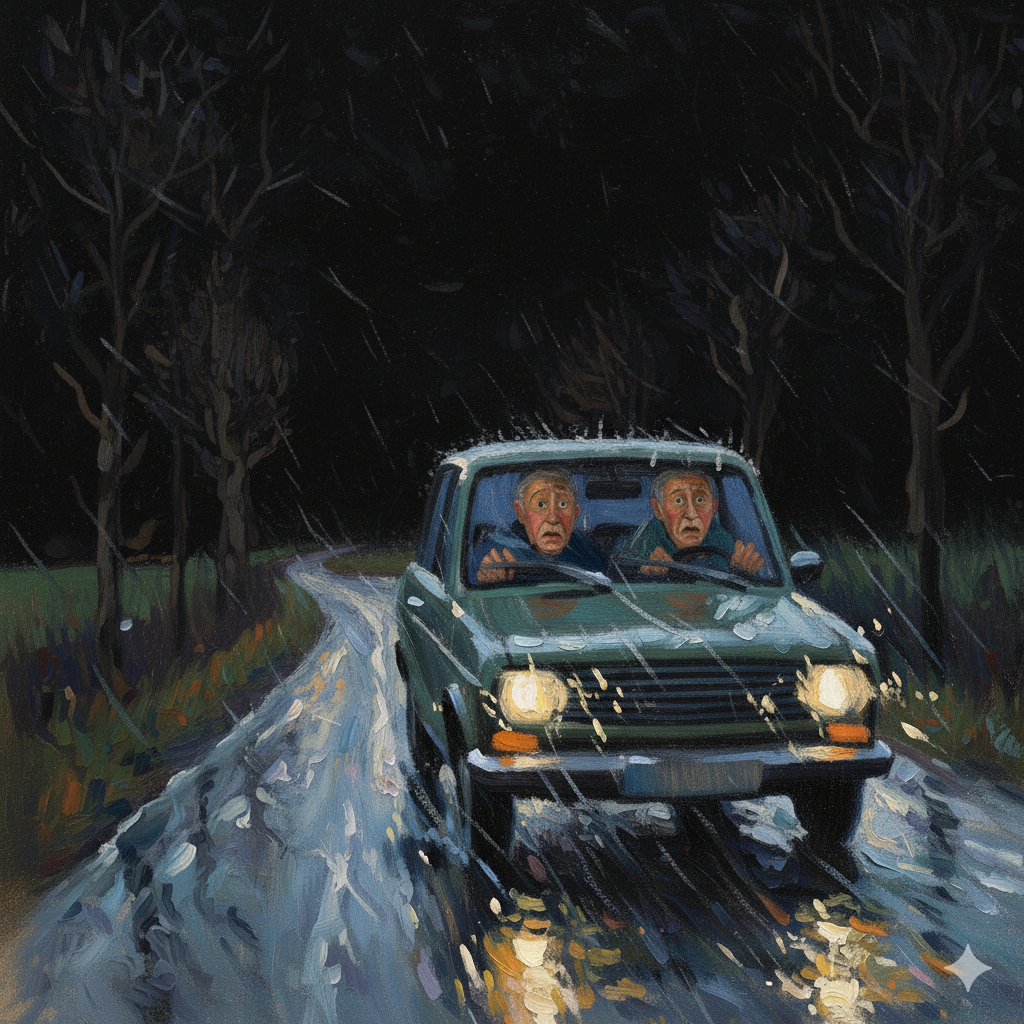 To skræmte seniorer kører i bil på en mørk landevej