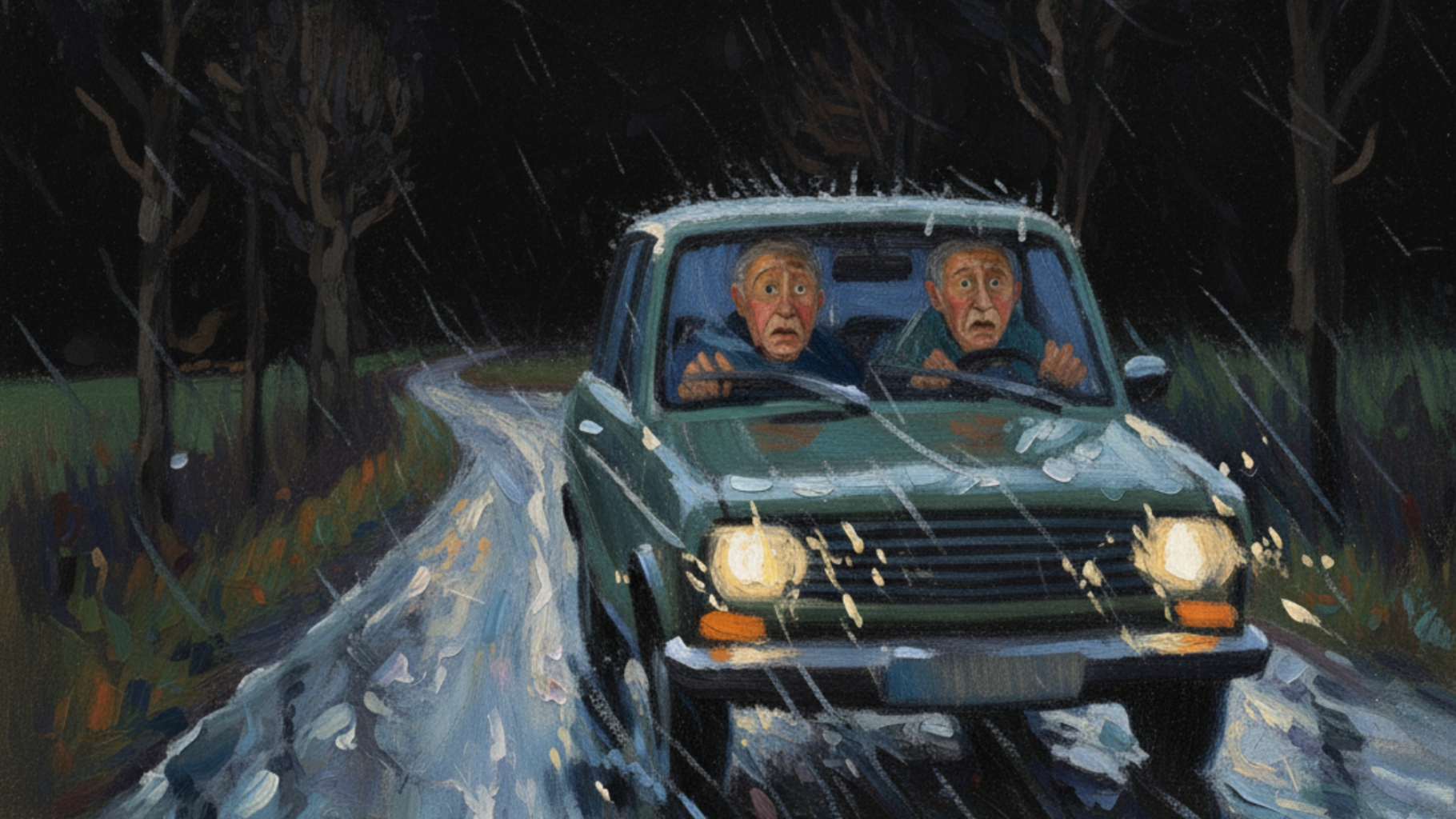 To seniorer kører i bil på en mørk landevej