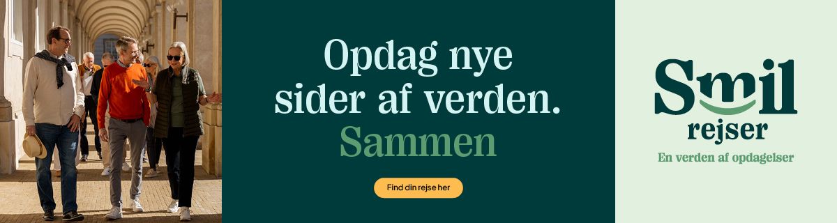 Folk går gennem en buegang, reklame for Smil rejer. Teksten siger