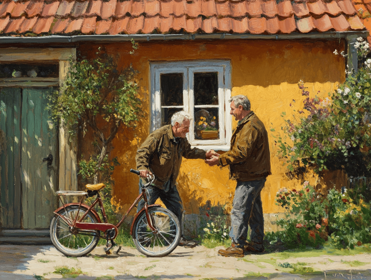 Et maleri af to mænd, der giver hånd foran et hus.