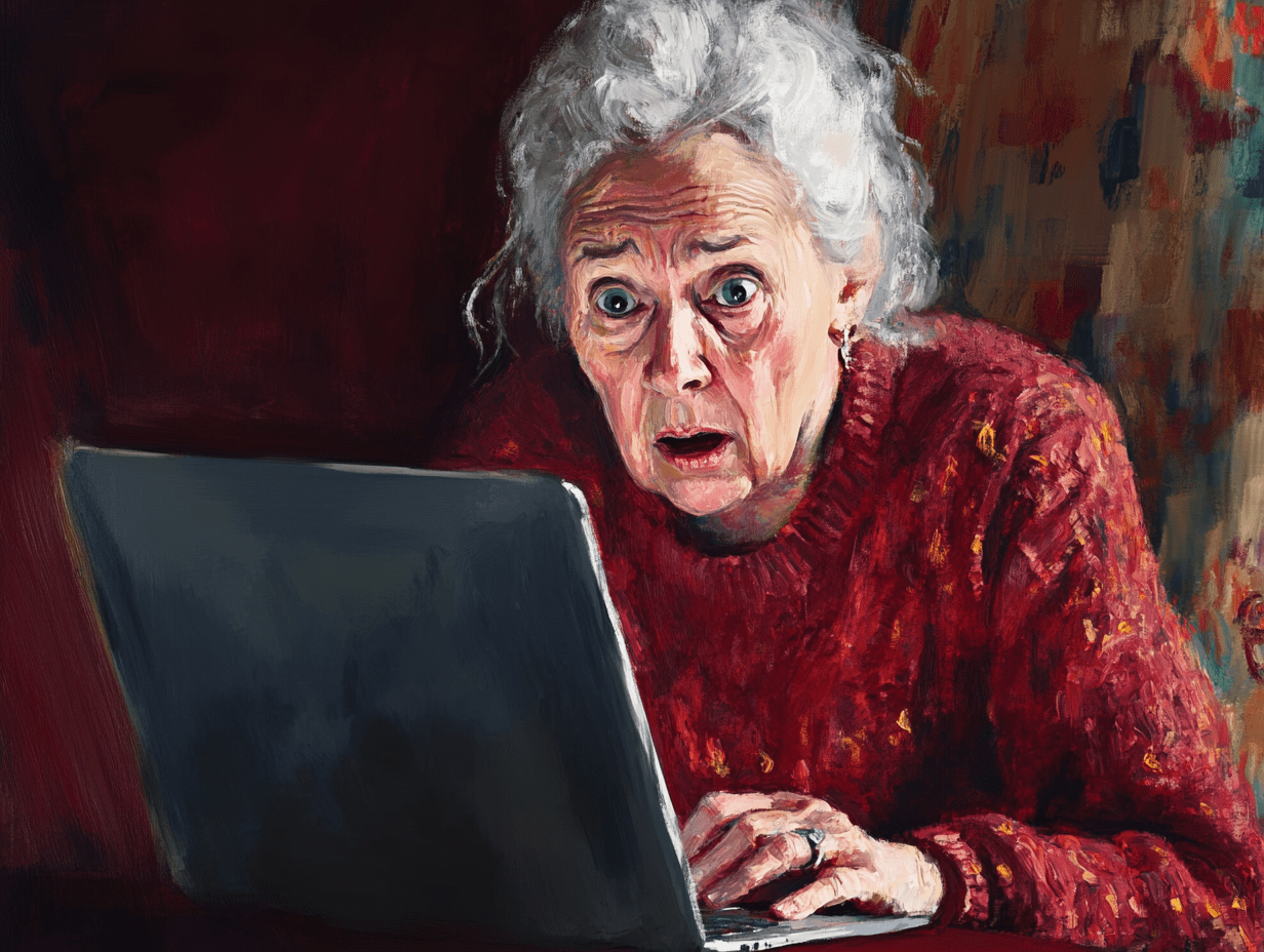 En ældre kvinde sidder ved et bord og bruger en bærbar computer. Hun er blevet snydt på nettet.