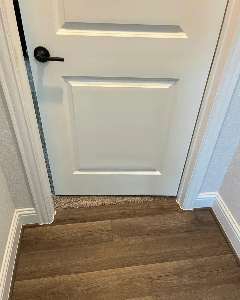 White door with black handle set between white door frames, over a carpet/wood floor transition.