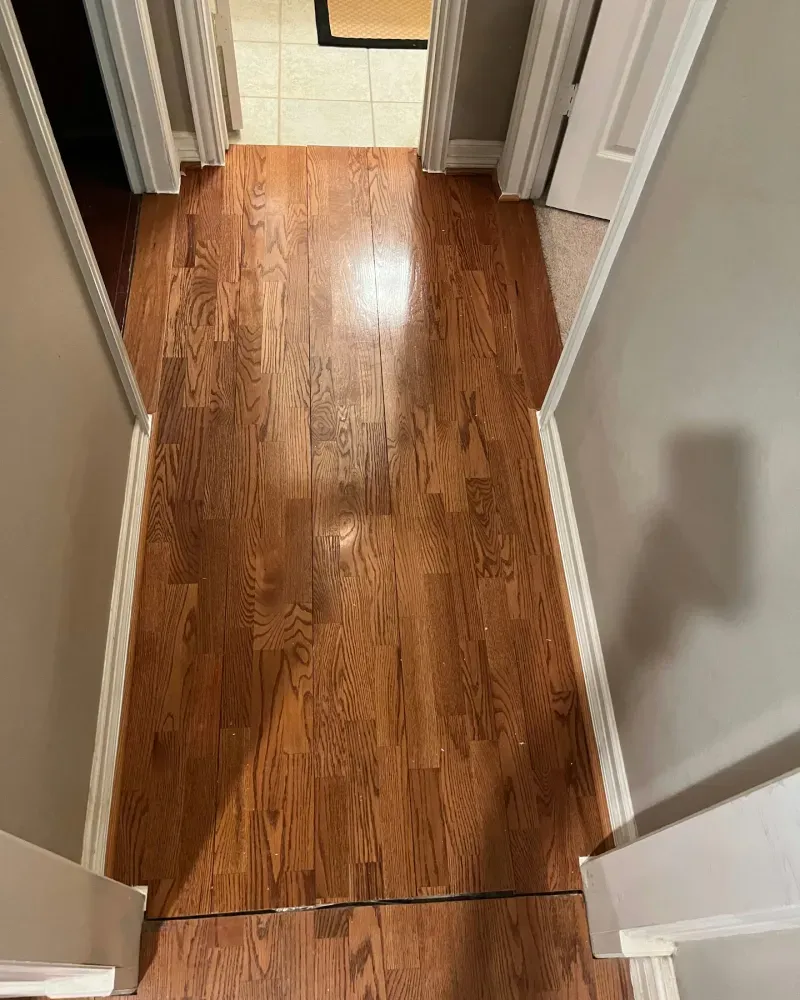Hallway with wood floor, framed by gray walls, white door frames, and a glimpse of tile.