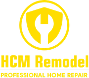 Yellow logo for "HCM Remodel". Features a wrench within a shield and circle. Text reads "PROFESSIONAL HOME REPAIR".
