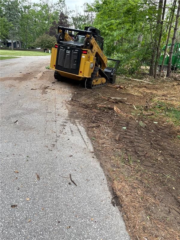 Yellow skid steer on the edge of a road, near a tree line, earthwork in progress.