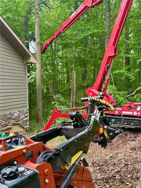Tree trimming with a red boom lift near a house, dense green forest in the background.